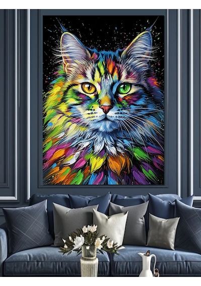 Ahşap Tablo Renkli Saykodelik Kedi Yüzü