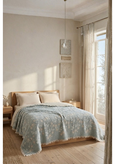 Soleil Bloom 5 Kat Dolgulu Müslin Çift Kişilik Yatak Örtüsü Pike Koltuk Örtüsü %100 Pamuk Çiçek Desenli 220x240 Cm Yeşil