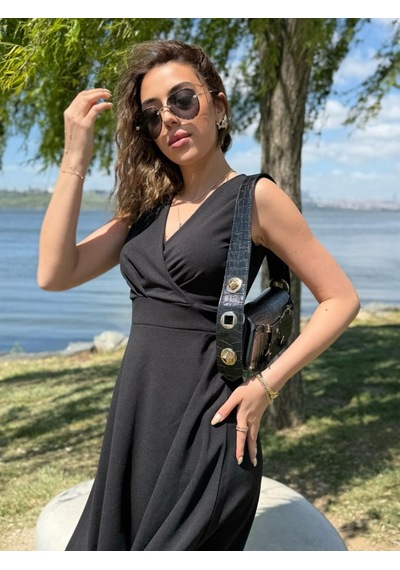 Efnaz Style Kadın Ithal Krep Kumaş Kruvaze Yaka Eteği Kloş Kolsuz Mini Elbise Siyah
