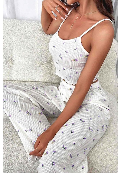 Merry See Baskılı Askılı Pijama Takımı Mor Çiçekli Mor