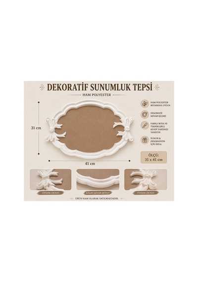 Kalın Kenarlı Fiyonk Detaylı Dekoratif Sunumluk Tepsi Ham Polyester 41x31 Cm