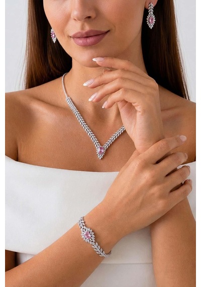 Gümüş Pazarım Prenses Serenadı Pembe Taşlı Gerdanlık Gümüş Set