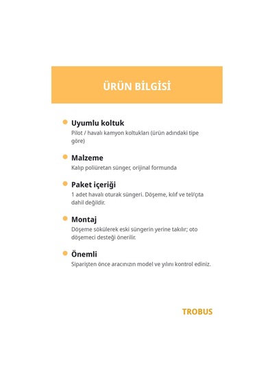 Pilot Havalı Kamyon Koltuğu Süngeri Havalı Oturak
