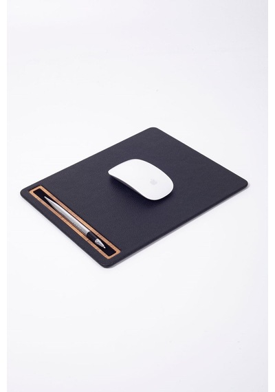 Turgut Office Deri Mousepad Siyah Ahşap Detaylı