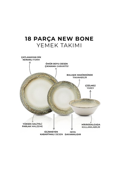 Kitchen Life 18 Parça 6 Kişilik Ay Işığı Sırları Porselen Yemek Takımı  - New Bone  Yemek Seti