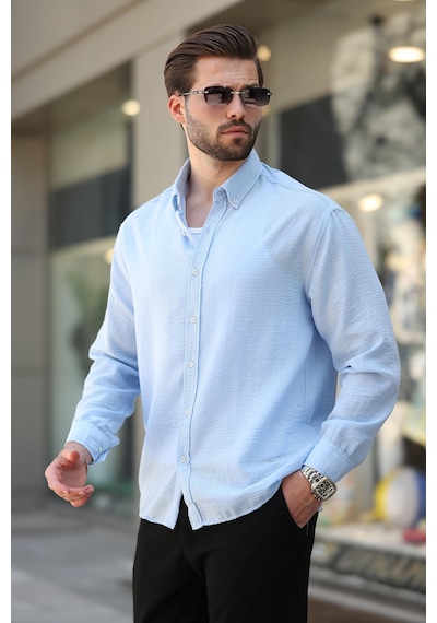 Madmext Bebe Mavisi Uzun Kollu Oversize Erkek Gömlek 6735 Bebe Mavisi