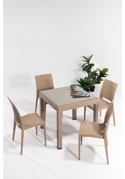 Rattan Small Camlı Cappucino Masa Takımı Bahçe&balkon 1 Camlı Masa 4 Sandalye Kahverengi