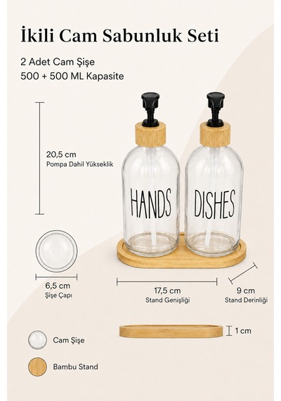 Relly Bambu Standlı İkili Cam Sabunluk Seti 2 X 500 Ml Hands & Dıshes Şeffaf