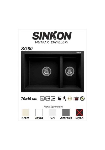 Sinkon Siyah Granit Eviye 70 x 46 / 1.5 Göz - Sg80 - Sinkon