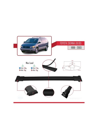 Toyota Sienna Xl10 1998-2003 Arası İle Uyumlu Fly Model Ara Atkı Tavan Barı Siyah