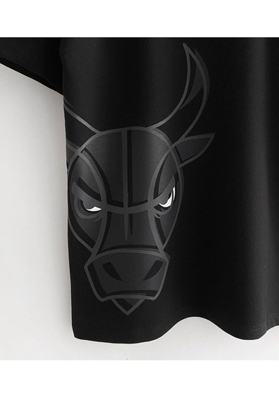Flood Of Style Erkek Siyah Bulls Baskılı Oversize Bisiklet Yaka T-shirt