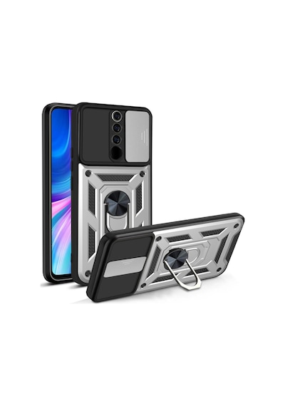 Redmi Note 8 Pro Kılıf Kamera Koruma Sürgülü Şık Pars Tank Sert Silikon Kapak Gümüş