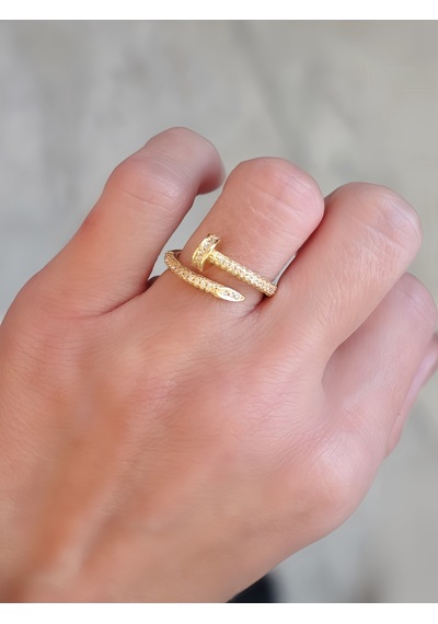 Ayarlanabilir Çivi Model Zirkon Taşlı Gold Renk Çelik Yüzük Altın