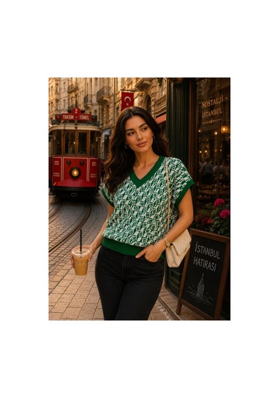 Hira Life Fashion Sfg Life Moda Kadın V Yaka Kare Desenli Şık Süveter Yeşil Yeşil