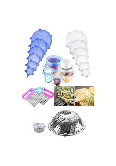 3lü Set Buharda Pişirme Aparatı Haşlama Sepeti + Cips Patates Doğrayıcı + 6'li Streç Silikon Kapak