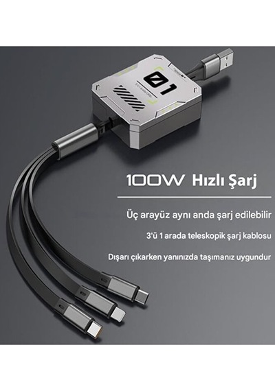 3in1 100w Geri Çekilebilir Hızlı Şarj Kablosu 120cm Usb To Ty
