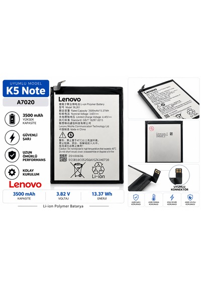 Lenovo K5 Note A7020 Uyumlu Bl261 3500 Mah Li-ıon Polymer Batarya