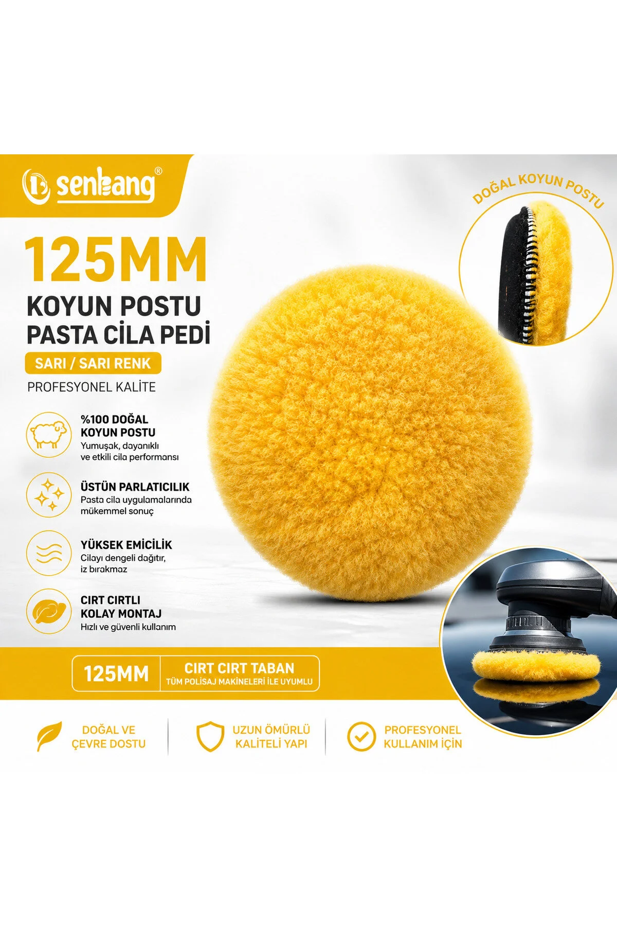 Senbang Profesyonel 3 Lü Kuzu Yünü Pasta Keçesi Seti 120 Mm Cırtlı Polisaj Pedi - Ağır Çizik Giderici, Ara Kat Ve Son Parlatma