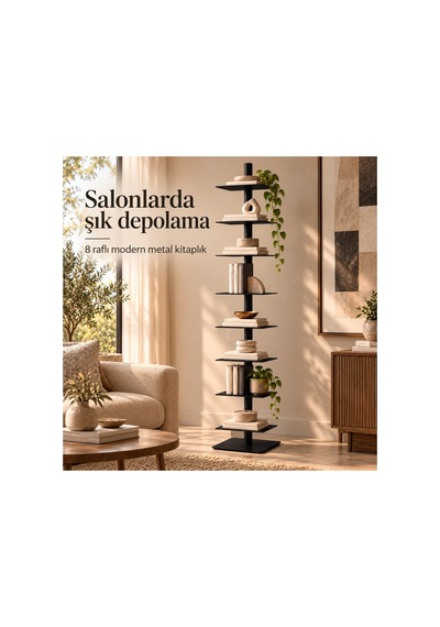 Axis 8 Raflı Metal Kitaplık Modern Tasarım Dikey Dekoratif Kitaplık Siyah - 935176049 Siyah