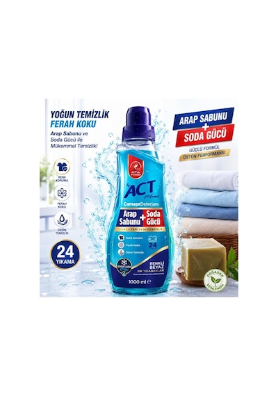 By Act Perfume Act Arap Sabunu + Soda Gücü Çamaşır Deterjanı 1000 Ml 24 Yıkama Renkli & Beyazlarda Yoğun Temizlik 1 LT