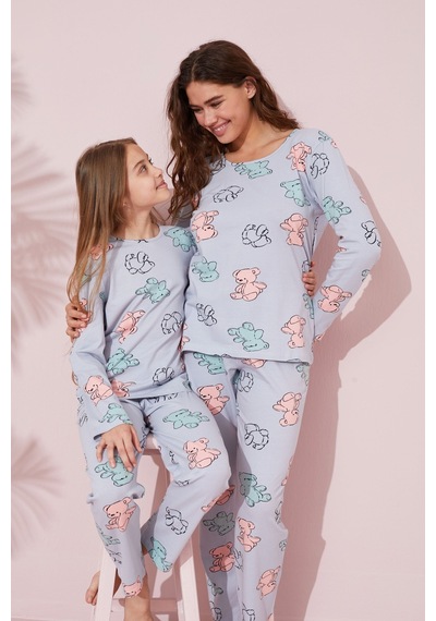 Siyah İnci Pamuklu Örme Pijama Takım 24241076 mavi
