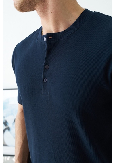 Baselco Premium Henley Yaka Beyaz T-shirt - Rib Dokulu Modern Fit Lacivert