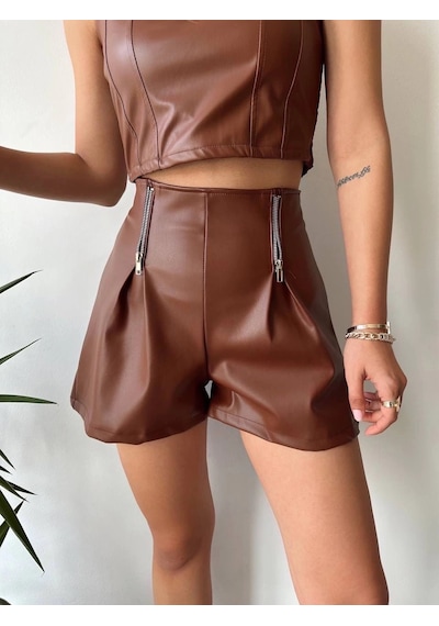 Defymoda Çift Fermuarlı Deri Şort Kahve H24394 Kahve