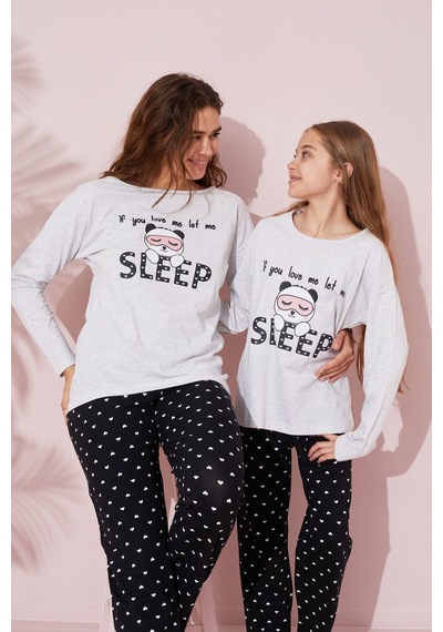 Siyah İnci Pamuklu Örme Pijama Takım 24241109 Gri