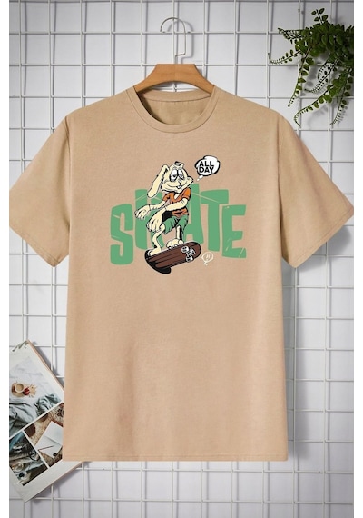 Uyguntarz Unisex All Day Rabbit Tasarım T-shirt Bej