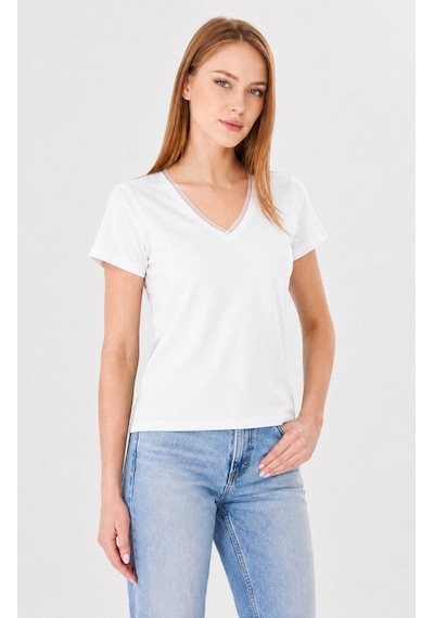 Sortie Collection Kadın V Yaka Tül Detaylı Pamuklu Basic Tişört Ekru