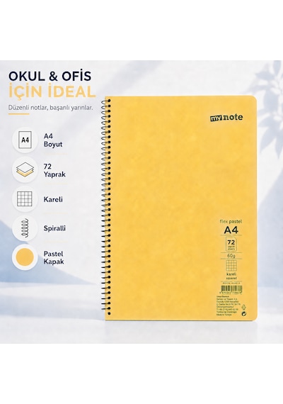 Mynote Flex Pastel A4 72 Yaprak 60 Gr Spiralli Kareli Defter Sarı