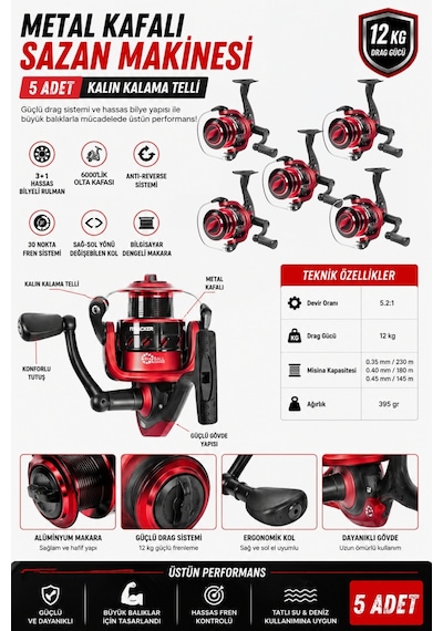 Profesyonel 5 Li Sazan Olta Takımı - 3.60mt- Kırılmaz Kamış Metal Kafa Makine