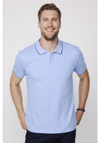 Tudors Erkek Polo Yaka Slim Fit Yaka Ve Kol Şeritli Pike Mavi Tişört-27646-Mavi