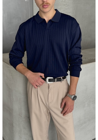Erkek Polo Yaka Fitilli Oversize Triko Kazak Lacivert
