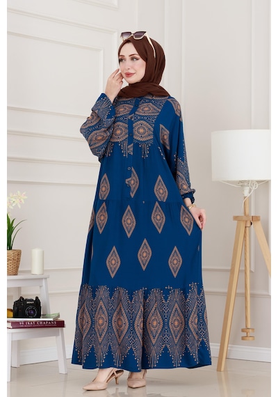 Sevitli Yarım Düğmeli Robalı Hira Elbise-indigo-4939 İndigo