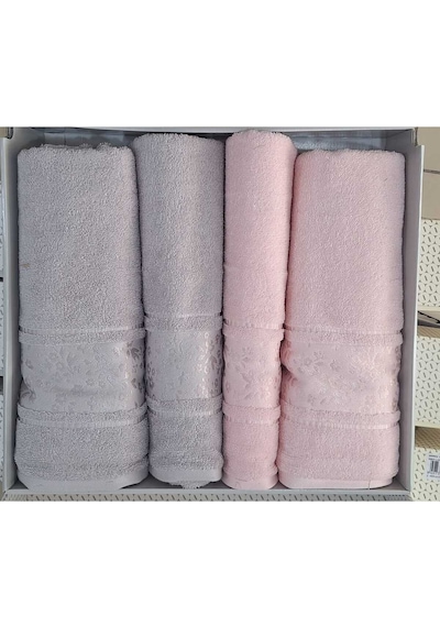 Camellıa Best Set Gri Pembe Hamam Seti 2 Havlu+2 Plaj Havlusu Gri - Pembe