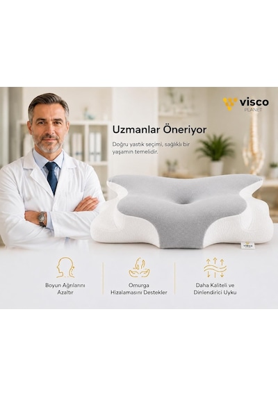 Visco Planet Ortopedik Visco Boyun Yastığı Memory Foam Boyun Destekli Ergonomik Uyku Yastığı 62x42x13/10 Cm Genel