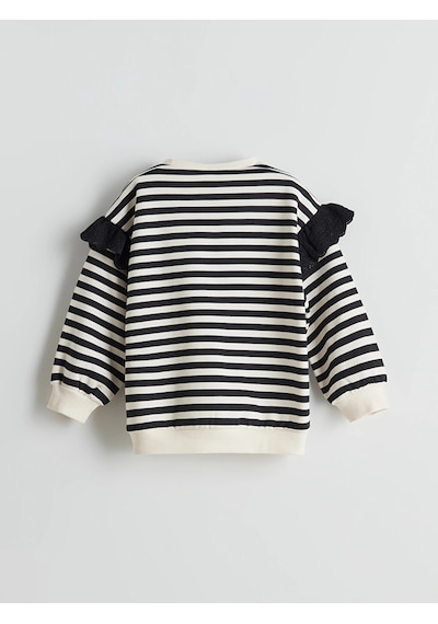 LC Waikiki Lcw Kids Siyah Bisiklet Yaka Çizgili Kız Çocuk Sweatshirt Black Strıped