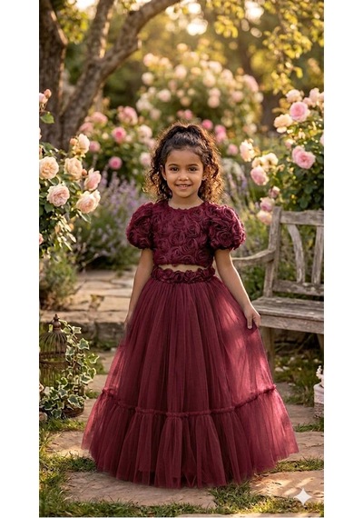 Star Kids Fashion Kız Çoçuk Bordo Gül Detaylı Crop Elbise,kız Çoçuk Parti Elbise