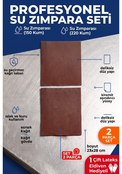 23x28 Cm Su Zımparası Seti 150 220 Kum 2 Parça Islak Kuru Yüzey Zımparası + Eldiven