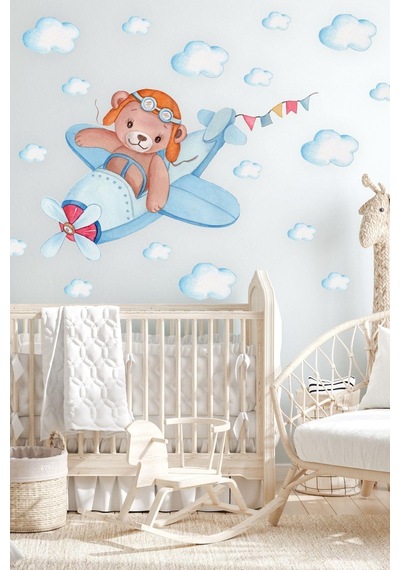 MSticker Uçakta Uçan Sevimli Ayıcık Ve Bulutlar Çocuk Bebek Odası Sticker Seti
