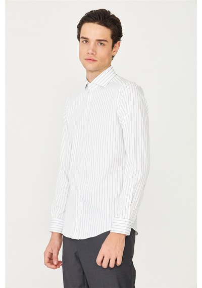 Lacivert İnce Çizgili Uzun Kollu Gömlek Slim Fit Beyaz - Lacivert
