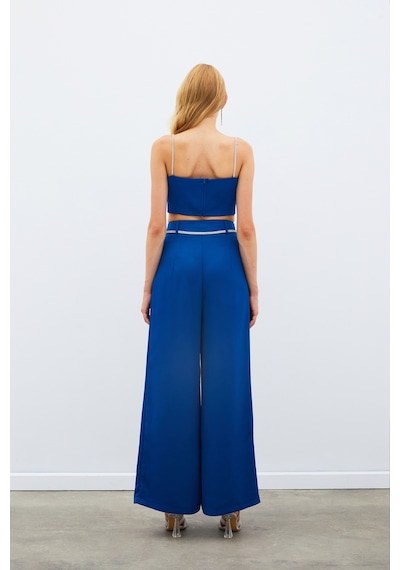 Sateen Taş Askılı Saten Crop Bluz - Mavi-134981 Mavi