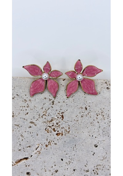 Rhea Jewelry Çiçek Figürlü Renkli Çelik Küpe 3,5 Cm İnci Detaylı Kadın Küpe Pembe