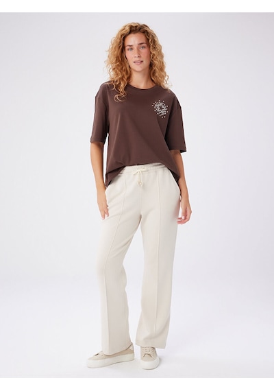 Faik Sönmez Relax Önü Dikiş Detaylı Wide Leg Fit Örme Pantolon W27pnt034 Uw27pnt03472 Taş