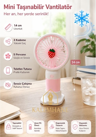 Kalemhane Kişiye Özel Mini El Fanı- 3 Kademeli 5 Pervaneli Turbo Güç Çilek