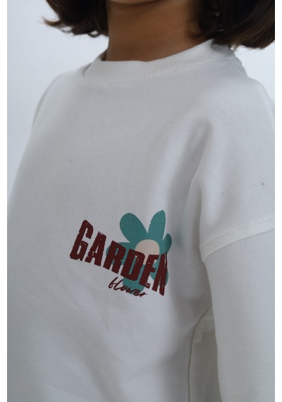 Toontoy Kız Çocuk Arka Kol Baskılı Çiçekli Sweatshirt Ekru