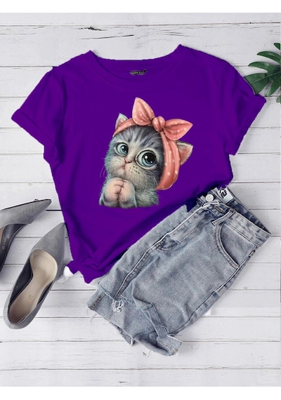 Oversize Mor Sevimli Minik Kedi Baskılı T-shirt Unisex Rahat Kalıp Mor