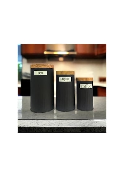 3'lü Set Metal Çay Kahve Şeker Saklama Kavanozu - Siyah Açık Kahverengi