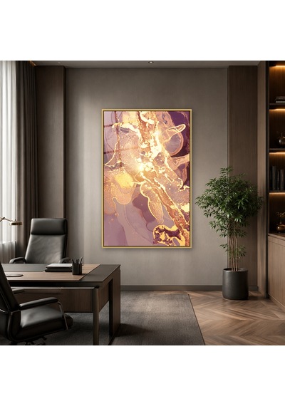 Lila Mürdüm Altın Akışkan Gold Çerçeveli Cam Tablo